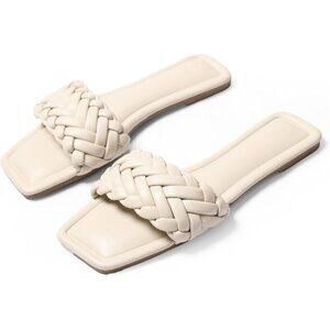 Womens IvoryFaux Leather Open toe Breathable lightweight Flat Slide Sandals